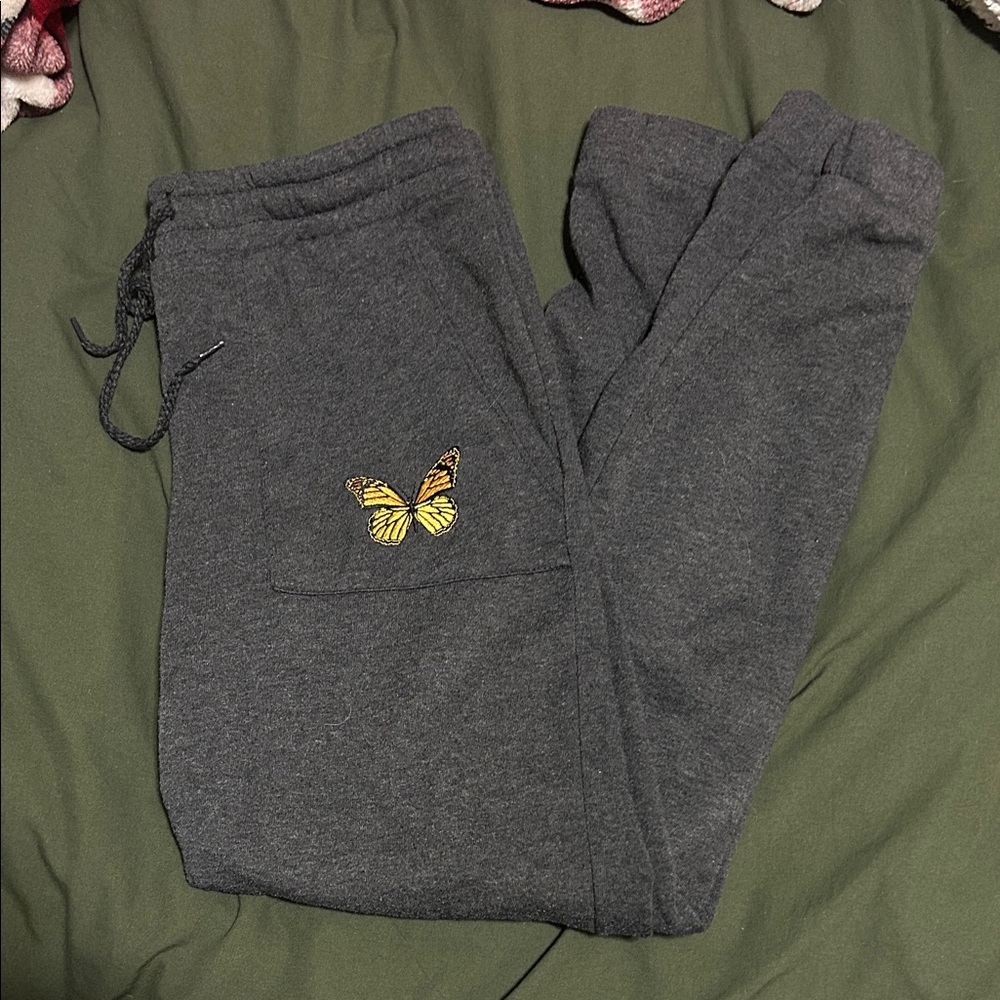Women's Gray Joggers with Butterfly Embroidery